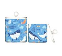 Lot de 2 petits bacs de rangement décoratifs en plastique transparent avec couvercle Motif baleines marines bleues pour cotons-tiges, cotons-tiges, cure-dents, trombones