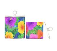 Lot de 2 petits bacs de rangement en plastique transparent avec couvercle pour cotons-tiges, trombones, style hawaïen, fleurs tropicales, feuilles de palmier, couleurs fluo vives