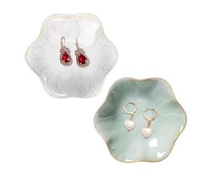 Lot de 2 petits pots à bibelots en céramique, for boucles d'oreilles, clés, table chevet, collier, bijoux, 10 cm Pour colliers et bracelets(White and Green)