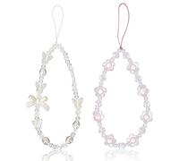 Lot de 2 Phone Charms Perles, Perle de Fleur de Papillon en Cristal Dragonne de Téléphone Perlée Lanière Téléphone Portable pour Porte-Clés de Téléphone pour Femme (Blanc, Violet)