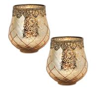 Lot de 2 photophores vintage dorés - 2 photophores modernes de 14 cm - Lanterne - Bougeoir bohème en verre - Décoration de table de mariage, balcon, jardin