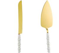 Lot de 2 pièces de couteau et de serveur à gâteau de mariage, poignées en perles fausses dorées, acier inoxydable 430, finition dorée brillante, 8,6 oz / 245 g, pour réceptions, mariage et fiançailles