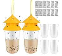 Lot de 2 pièges à mouches réutilisables pour terrasse avec 12 recharges d'appâts dissoutes non toxiques à suspendre pour toutes les mouches avec attaches pour contrôler les insectes à l'extérieur