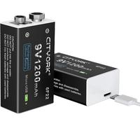 Lot de 2 Piles 9 V 1200 mAh PP3/MN1604/6F22/6LR61 Batterie au Lithium Rechargeable USB avec Port de Charge Micro USB pour détecteur de fumée, cuisinière à gaz, etc.
