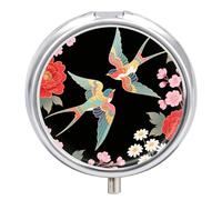 Lot de 2 pilules colorées en forme d'oiseau volant avec miroir rétro 3 compartiments - Petit pilulier rond en métal pour pilules d'huile de poisson ou suppléments vitaminés