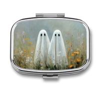 Lot de 2 piluliers de voyage portables à 2 compartiments Motif fantômes dans le champ de fleurs sauvages