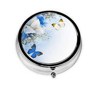 Lot de 2 piluliers ronds avec imprimé fleurs et papillons - 3 compartiments - Décoration portable - Pilulier de voyage - Organiseur de vitamines