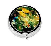 Lot de 2 piluliers ronds colorés avec imprimé papillon - 3 compartiments - Décoration portable - Pilulier de voyage - Organiseur de vitamines