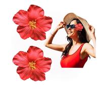 Lot de 2 pinces à cheveux à fleurs hawaïennes rouges de 8 cm pour femmes et filles - Accessoire de cheveux pour danseuse, mariage, plage, fête