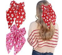 Lot de 2 pinces à cheveux avec nœuds de Noël pour femme - Rose et rouge - Grand nœud à cheveux - Motif Père Noël - Pinces à cheveux de Noël - Longue queue - Rubans à cheveux - Décoration de cheveux de