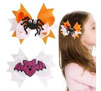 Lot de 2 pinces à cheveux avec nœuds d'Halloween pour fille, araignée, chauve-souris, nœuds violets pailletés, barrettes à cheveux en forme de papillon mignon pour accessoires de costume d'Halloween