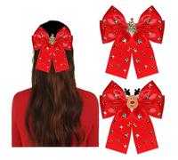 Lot de 2 pinces à cheveux de Noël pour femme - Accessoires de Noël avec nœud d'arbre de Noël, renne, flocon de neige - Nœuds à cheveux en satin soyeux rouge et vert - Rubans à cheveux de vacances -