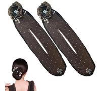 Lot de 2 pinces à cheveux en forme de boule - Rouleau à chignon en forme de fleur brodée à la main - En tissu transparent - Pour cheveux longs et épais - Accessoire pour femmes et filles (noir 2)