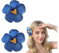 Lot de 2 pinces à cheveux en forme de fleur bleue pour femme Plumeria Hibiscus - 10 cm - Barrettes à cheveux florales pour les vacances d'été, la plage, les fêtes - Cadeaux de vacances