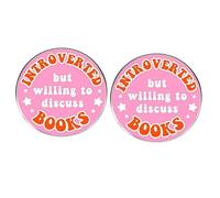 Lot de 2 pin's ronds en alliage métallique avec inscription « Introverted But Wiling to Discuss Books »