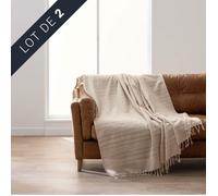 Lot de 2 plaids LILIA 180 x 220 cm - 100% coton - Franges - Beige