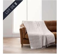 Lot de 2 plaids LILIA 180 x 220 cm - 100% coton, franges, coloris naturel