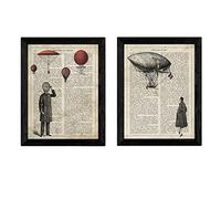 Lot de 2 planches vintage couple en ballon avec définitions de dictionnaire amour et liberté format A4 - avec cadre noir A4.