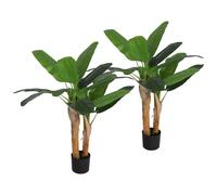 Lot de 2 plantes artificielles bananiers H.120 cm - grand réalisme - 15 feuilles - mousse effet lichen pots inclus