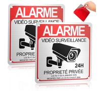 Lot de 2 Plaque Video Surveillance Extérieure Intérieur 15x15 cm, 24H Panneau Camera Surveillance en Aluminium, Pancarte Panneau Propriété Privée Étanche avec Autocollant et Trous Pré-percés