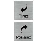 Lot de 2 plaques de porte Tirez/Poussez avec fléchage (Q1071). Signalisation Porte 150 x 150 mm. Autocollant souple ou plaque alu brossé 2 mm ep. - Adhésif aspect aluminium brossé - Adhésif aspect alu