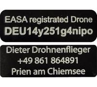 Lot de 2 Plaques d'Immatriculation pour Drone DJI NEO, Mini Serie, Mavic - Enregistré EASA - E-ID et Adresse, 2 Pièces 20 x 8 mm, Noir ou Argent - Aluminium