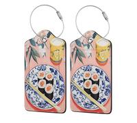 Lot de 2 plateaux à sushis avec baguettes, étiquettes de bagage pour valise, en cuir avec rabat d'intimité, étiquette d'identification et boucle en métal pour homme et femme