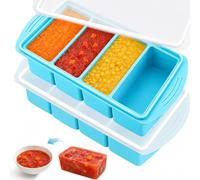 Lot de 2 plateaux de congélation bleus en silicone avec couvercle, grande portion, 4 compartiments profonds, 125 ml et 250 ml, récipients de stockage empilables pour soupe, bouillon, sauce