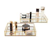 Lot de 2 Plateaux de Parfum rectangulaires dorés avec Cadre en métal, Plateau décoratif pour Commode, Salle de Bain, Bijoux ou décoration d'intérieur (L+S)