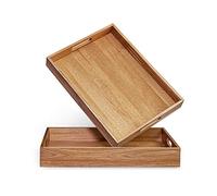 Lot de 2 Plateaux de Service décoratifs en Bois d'acacia avec poignées pour Petit déjeuner au lit, déjeuner, dîner, terrasse, Ottoman, Table Basse, Barbecue, fête - Idéal pour Les Genoux et Le canapé