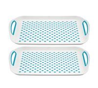 Lot de 2 plateaux de service rectangulaires antidérapants en plastique avec fond supérieur antidérapant, surface en caoutchouc forte adhérence, plateau robuste pour dîner/boissons (bleu, lot de 2)