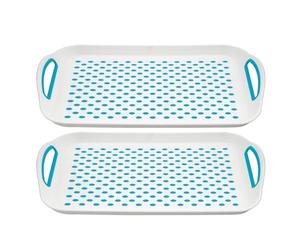 Lot de 2 plateaux de service rectangulaires antidérapants en plastique avec fond supérieur antidérapant, surface en caoutchouc forte adhérence, plateau robuste pour dîner/boissons (bleu, lot de 2)