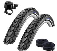 Lot de 2 pneus de vélo Schwalbe Marathon Mondial RaceGuard anti-crevaison avec bandes réfléchissantes 50-559 (26 x 2,00 ") + 2 chambres à air Schwalbe AV13 avec sonnette de vélo
