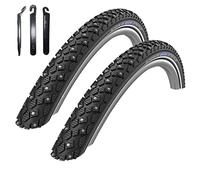 Lot de 2 pneus de vélo Schwalbe Marathon Winter Plus avec réflexe Noir 35-622 (28 x 1,35) + 3 démonte-pneus