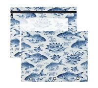 Lot de 2 pochettes A4 en porcelaine bleue et blanche à motif carpe, 31 x 24 cm, sac à documents étanche en polyester avec grille de football, organiseur de papeterie en PVC transparent pour la rentrée