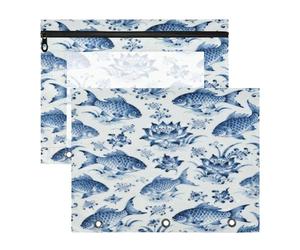 Lot de 2 pochettes A4 en porcelaine bleue et blanche à motif carpe, 31 x 24 cm, sac à documents étanche en polyester avec grille de football, organiseur de papeterie en PVC transparent pour la rentrée