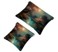 Lot de 2 pochettes en éclats d'obus pour sac à main, beau paysage sous la lune - Trousse de maquillage étanche - Pochette portable pour femme - Cadeau idéal, Multicolore 05, A：7.1x5.8in/18x14.8cm，B