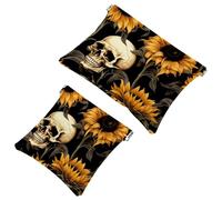 Lot de 2 pochettes en éclats d'obus pour sac à main, motif tournesol squelette 1915, trousse de maquillage étanche, pochette portable pour femme, Multicolore 01., A:7.1x5.8in/18x14.8cm,B:4.7x4.5in