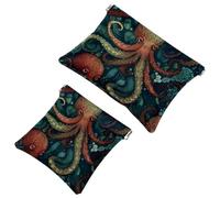 Lot de 2 pochettes en éclats d'obus pour sac à main, trousse de maquillage étanche en forme de pieuvre Art-628, pochette portable pour femme, Multicolore 05, A：7.1x5.8in/18x14.8cm，B:4.7x4.5in