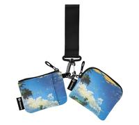 Lot de 2 pochettes fines et plates avec dragonne pour femme Motif plage de sable bleu ciel et mer avec quelques cocotiers verts, Ciel bleu et mer, plage de sable jaune avec quelques cocotiers verts, 1