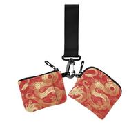 Lot de 2 pochettes pour pièces de monnaie chinoises avec fermeture éclair amovible pour femme Motif dragon doré, Dragon d'or chinois, 1 size, Décontracté