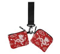 Lot de 2 pochettes pour pièces de monnaie et cartes avec porte-clés Motif dragon chinois Rouge