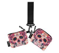Lot de 2 pochettes pour pièces de monnaie et cartes de crédit avec poche zippée pour femme, Fleur colorée Mexico Day Dead, 4.13"(L) x 3.5"(W), Accessoire de voyage