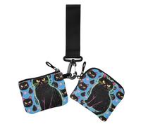 Lot de 2 pochettes pour pièces de monnaie et cartes d'identité minimalistes avec poche zippée pour un usage quotidien Motif chat noir en colère, Chat noir en colère mignon de dessin animé, 1 size