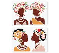 Lot de 2 pochoirs avec motif floral femme afro-américaine à peindre - 29,7 x 21 cm - Pochoir motif floral - Visages de femmes africaines - Bricolage - Décoration murale - Toile brûlante