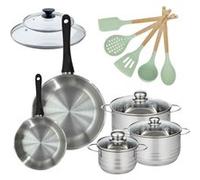 Lot de 2 Poêles 20/28cm avec couvercles et 3 Faitouts 16/20/24cm Fackelmann Généva avec 5 ustensiles Océan