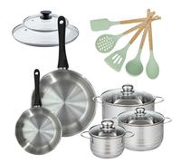 Lot de 2 Poêles 20/28cm avec couvercles et 3 Faitouts 16/20/24cm Généva avec 5 ustensiles Océan Fackelmann