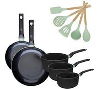 Lot de 2 Poêles 24/28 cm et 3 Casseroles 16/18/20 cm Fackelmann Brandao avec 5 ustensiles Océan
