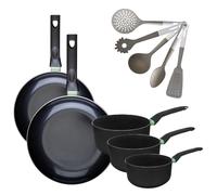 Lot de 2 Poêles 28/30 cm et 3 Casseroles 16/18/20 cm Brandao avec 5 ustensiles de cuisine Vario Fackelmann