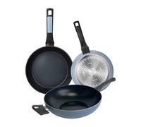 Lot de 2 poêles de Ø20 Ø 26 cm + wok de Ø30 cm en aluminium pressé couleur bleu NOIA San Ignacio